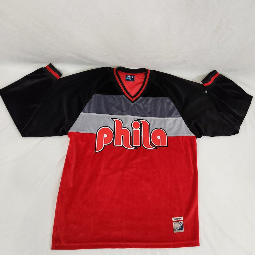 Y2K Vintage Spell Out "phila" Baseball Streetwear Velour Jersey Sweater Size XL. - Picture 3 of 16